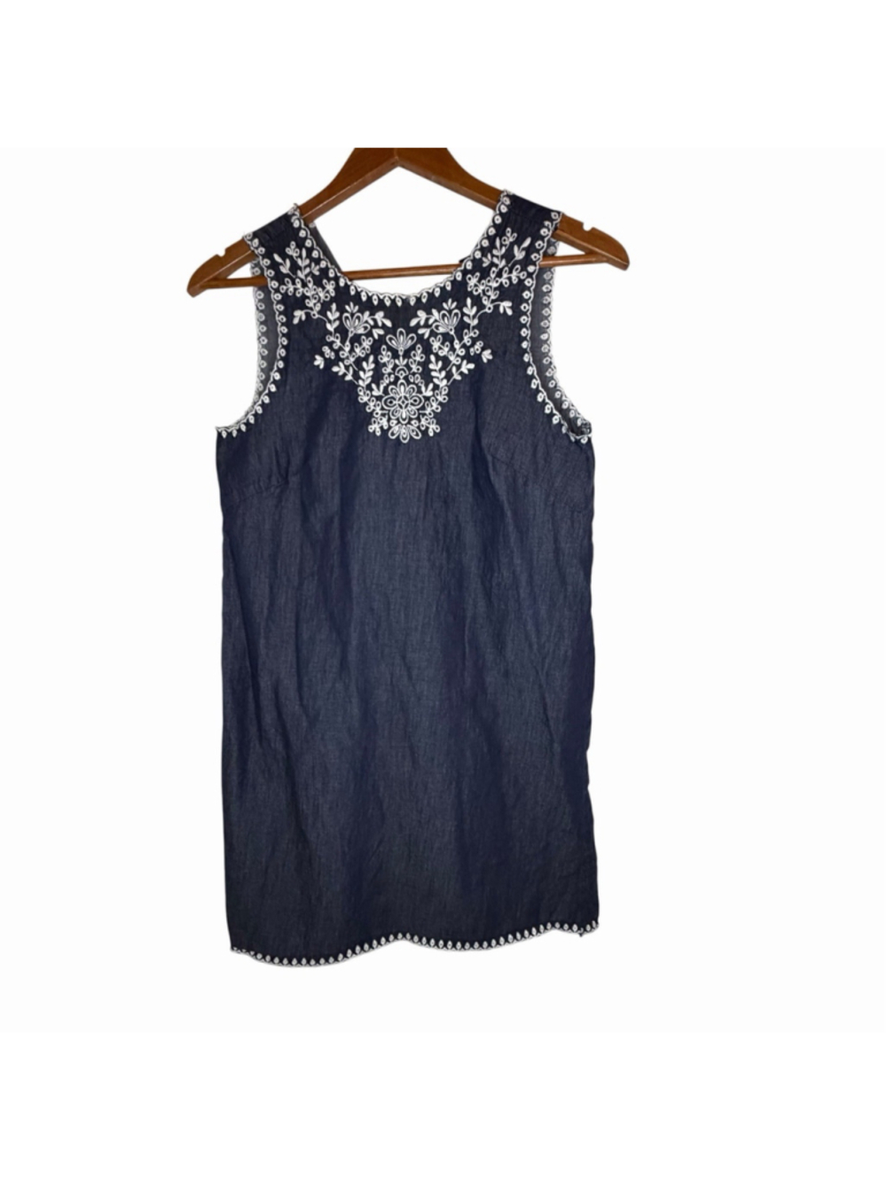 Ann Taylor Blue Chambray Shift Dress White Eyelet Embroidery Sz 0 Workwear READ